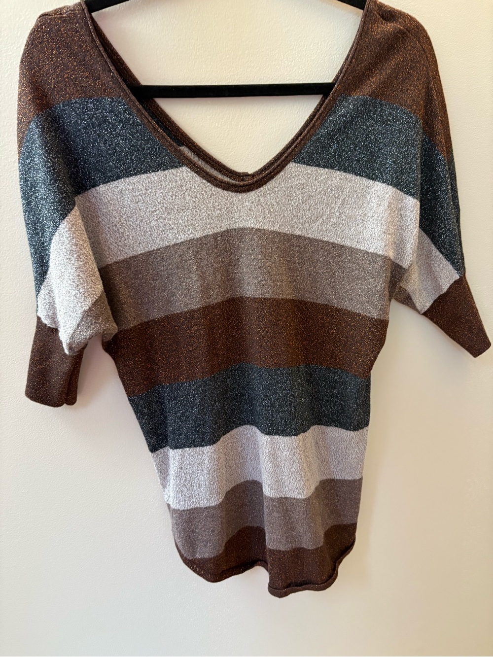 Express Metallic Stripe V-Neck Bat Wing Off the Shoulder Knit Top Button Back